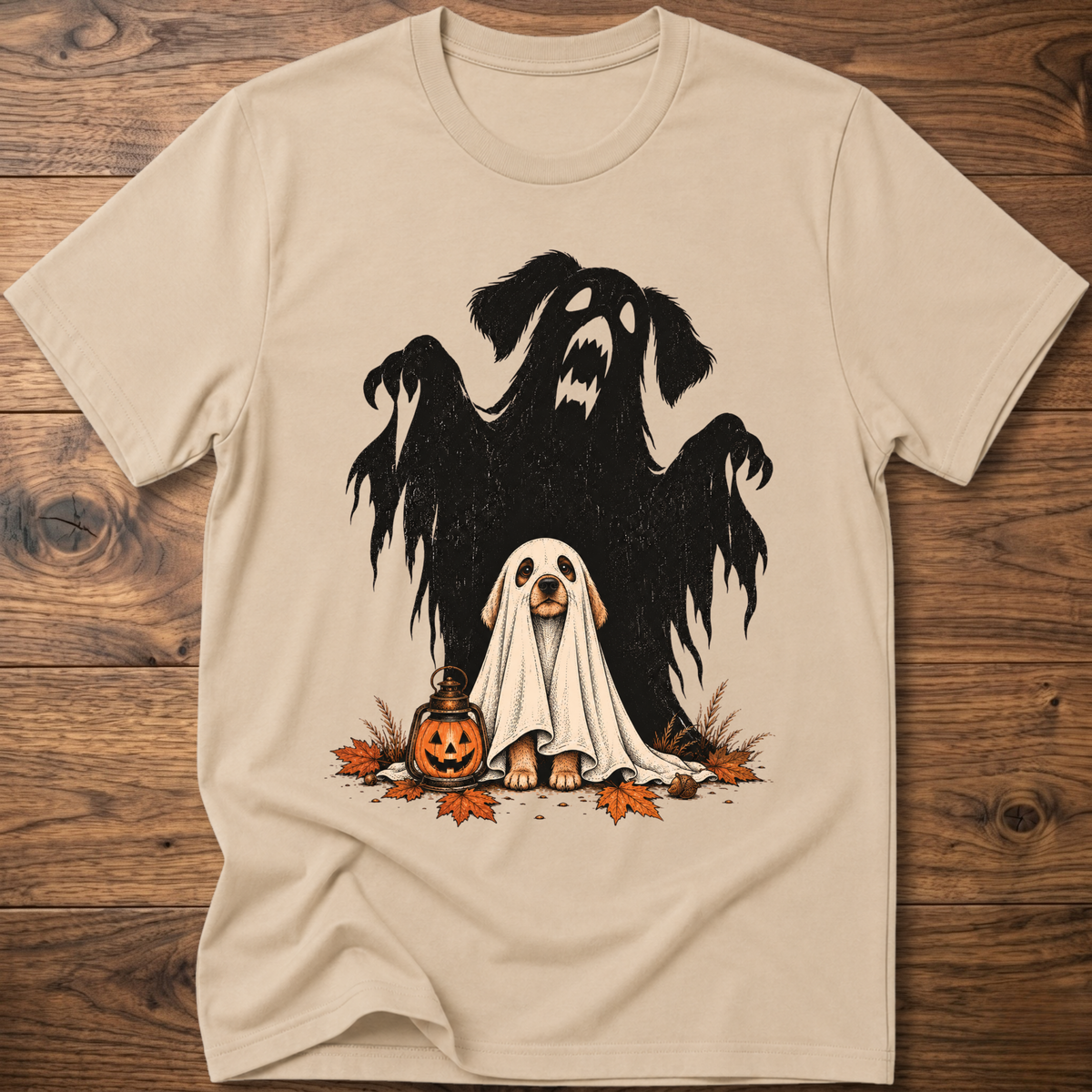 Spooky dog t-shirt, light tan crew neck with black ghost-dog and white ghost graphic