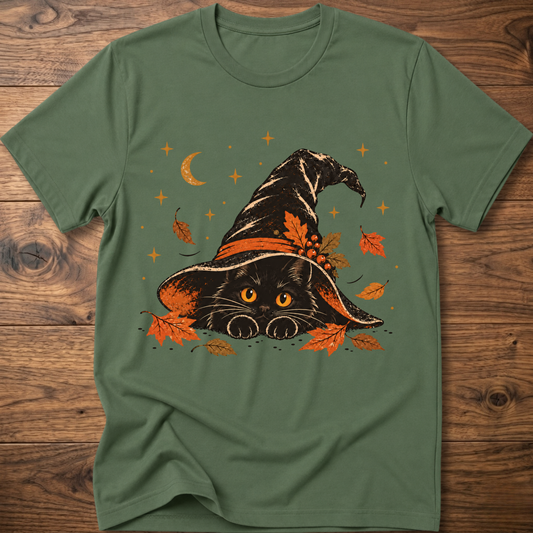 Military green cat-in-hat graphic t-shirt with moon stars and autumn leaves