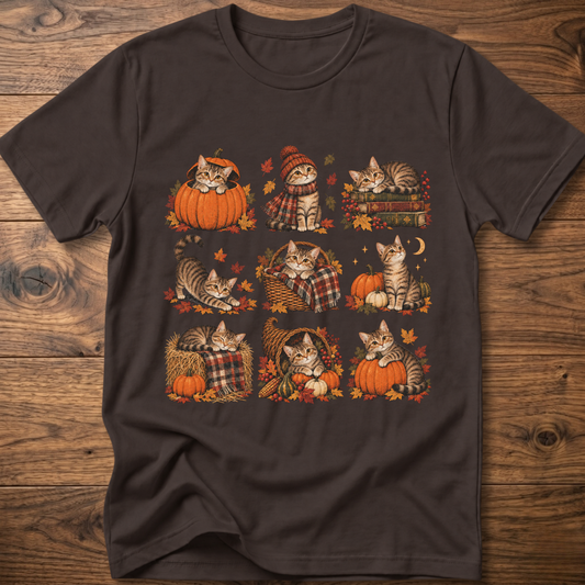 Navy cats T-shirt with fall pumpkin, plaid, and striped cat artwork