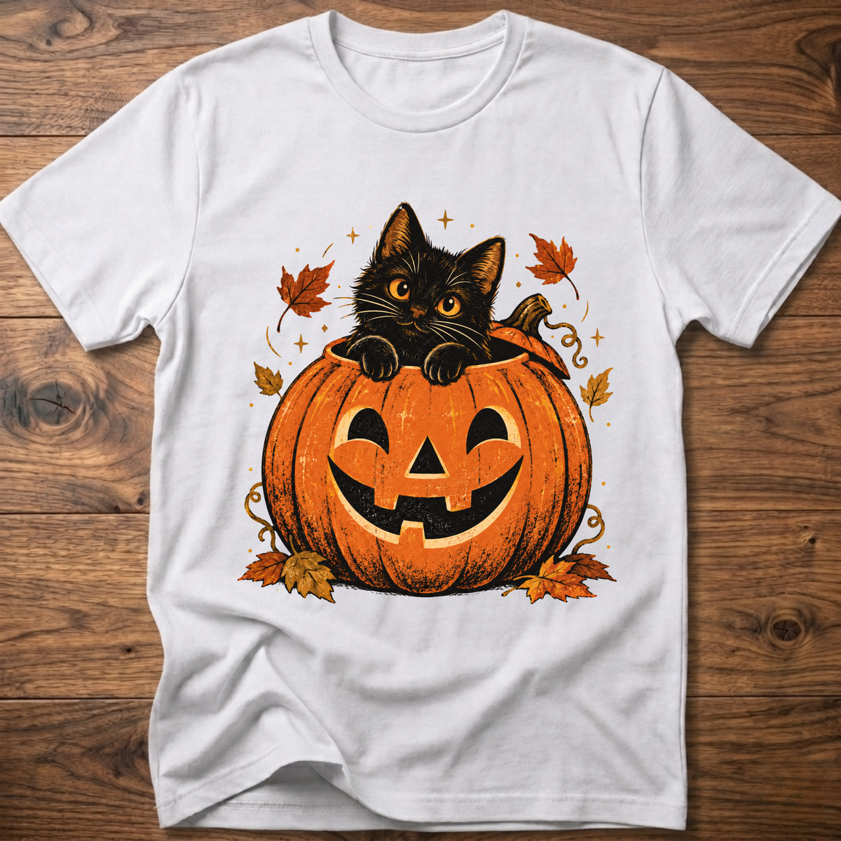 White crewneck t-shirt with cartoon black cat and jack-o’-lantern pumpkin graphic