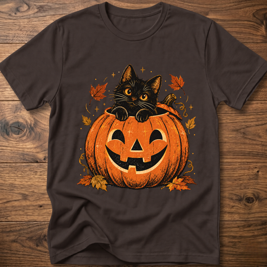 Dark charcoal crewneck t-shirt with cartoon black cat and jack-o’-lantern pumpkin graphic