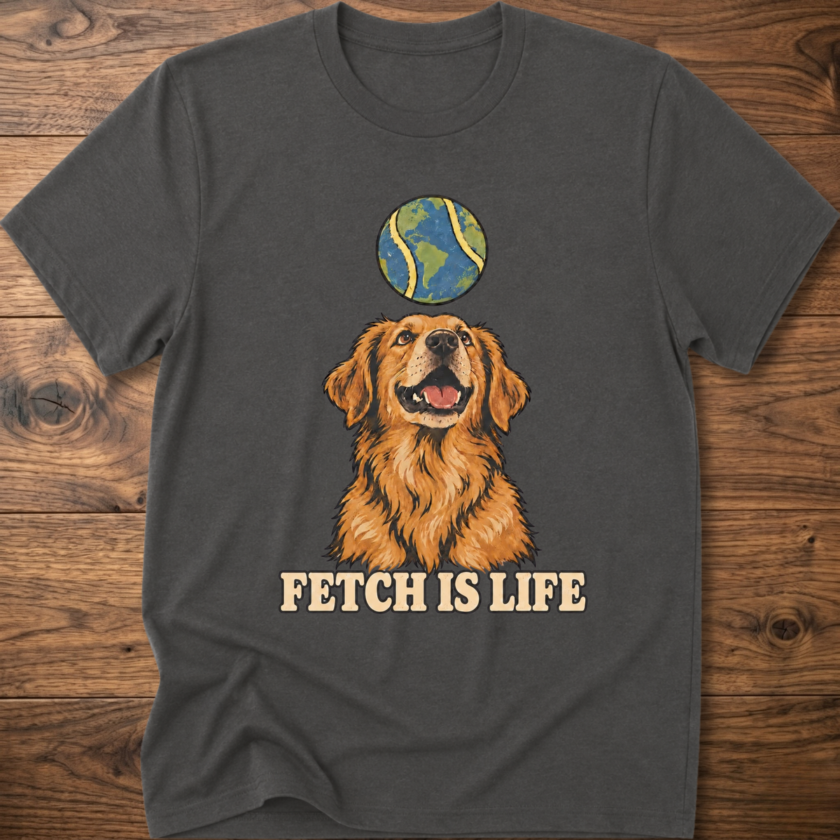 Charcoal crew-neck T-shirt with golden retriever graphic and 'FETCH IS LIFE' text