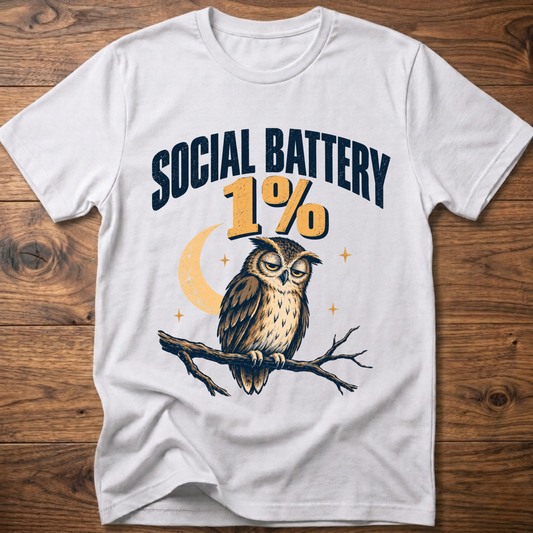 White graphic owl T-shirt with “19%” moon and branch design