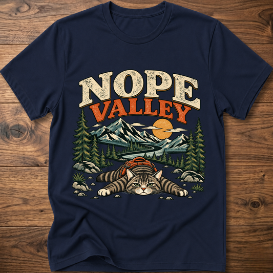 Navy cat T-shirt with Nope Valley mountain forest graphic