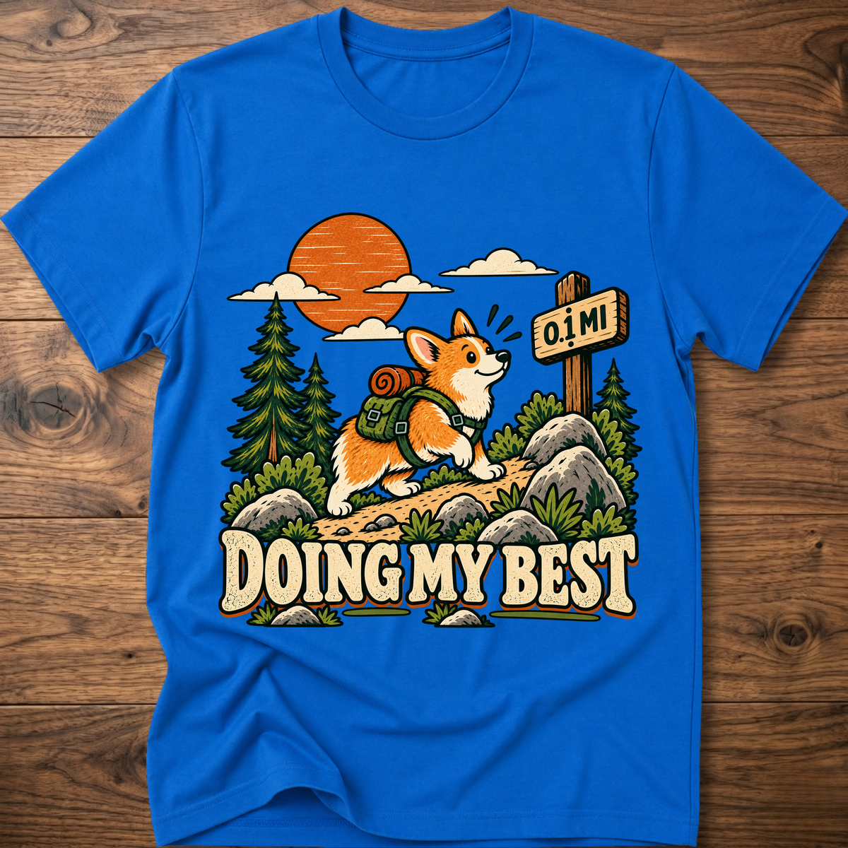 Royal blue graphic T-shirt with “Doing My Best” text featuring an orange fox