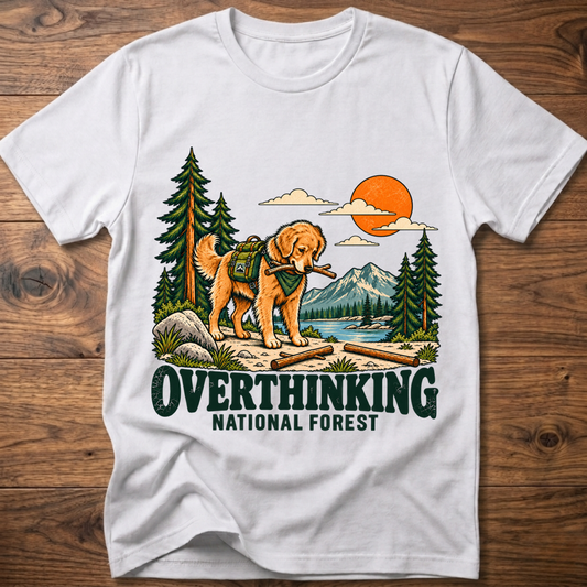 White t-shirt with overthinking dog and forest graphic, crew neck