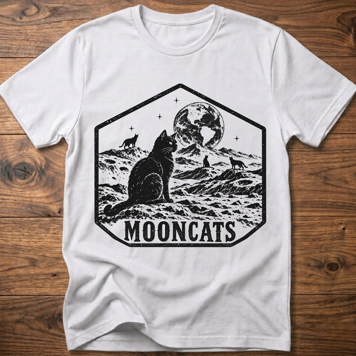 White crewneck t-shirt with octagon cat and moon graphic, 'MOONCATS' print
