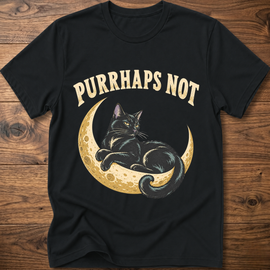 Dark charcoal cat graphic T-shirt with moon and “Purrhaps Not” text on front