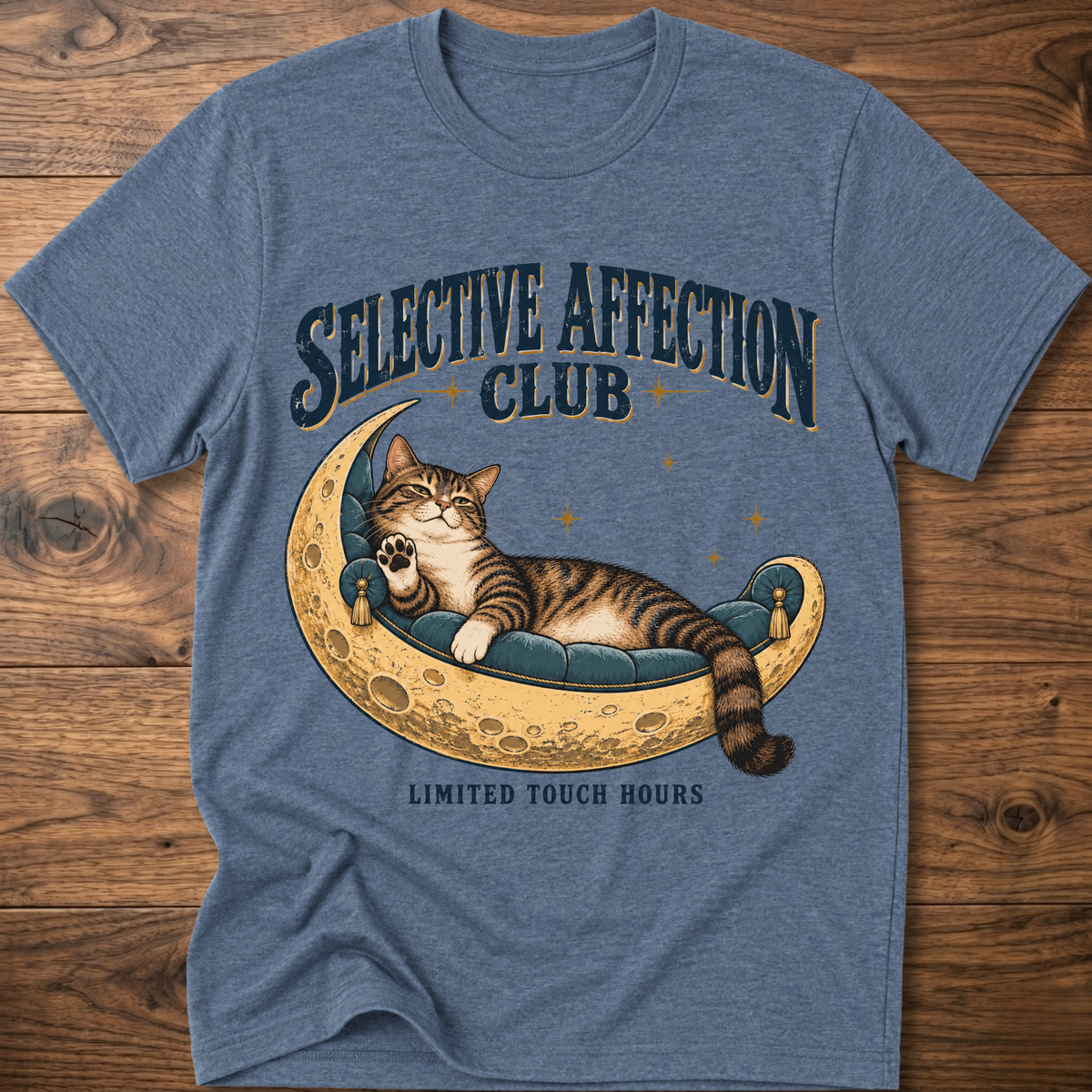 Heather blue T-shirt, cat on moon with 'Selective Affection Club' text, short sleeves