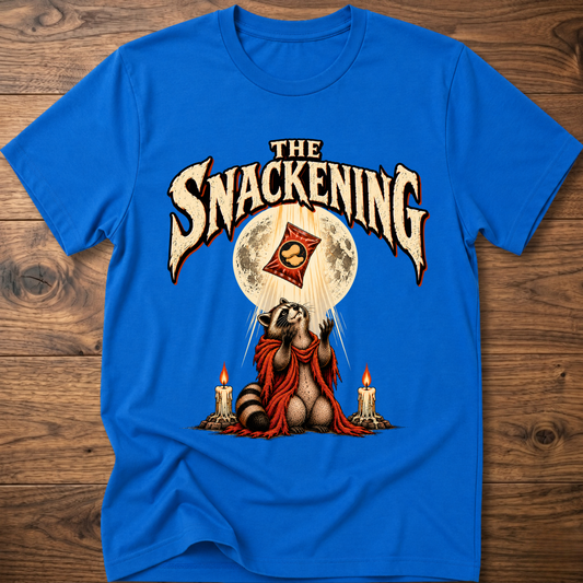 Royal blue crew-neck T-shirt with front "The Snackening" graphic and horned seated character