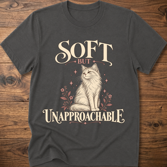 Heather gray soft cat T-shirt with front cat graphic and “Soft but Unapproachable” text