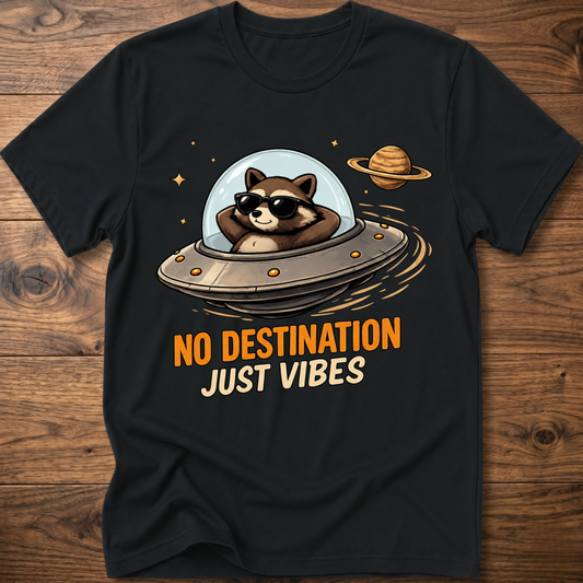 Black raccoon astronaut T-shirt with No destination just vibes front print