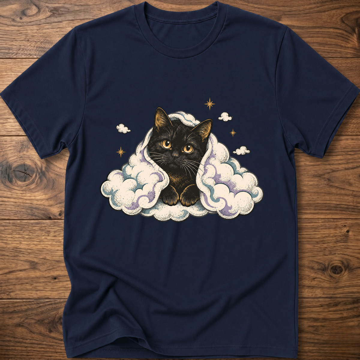 Navy cat graphic T-shirt with clouds and star accents