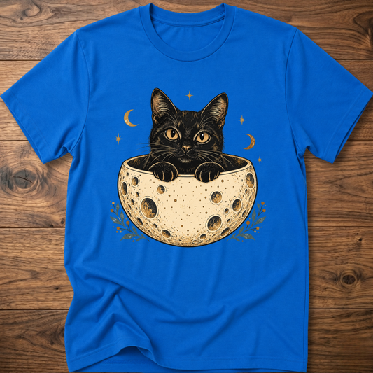 Royal blue cat graphic t-shirt, crew neck short sleeve with cat peeking from moon bowl