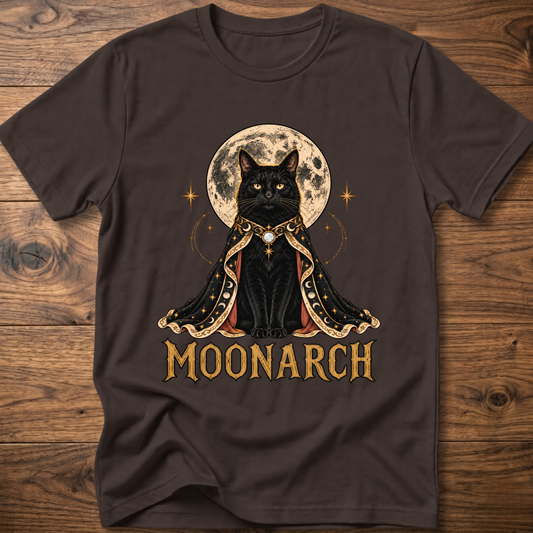 Dark brown cat graphic t-shirt with moon-themed cat and MOONARCH text on front