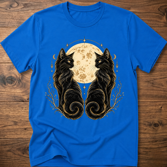 Royal blue cat T-shirt with mirrored black cats and moon floral graphic