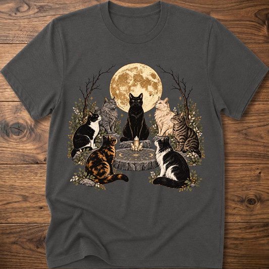 Charcoal crew-neck t-shirt with illustrated cats and full moon graphic