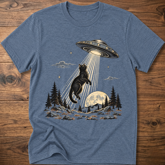 Heather indigo crewneck t-shirt with black cat under UFO beam over forest night scene