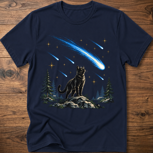 Navy crewneck T-shirt with black cat silhouette and blue meteor over pine forest graphic