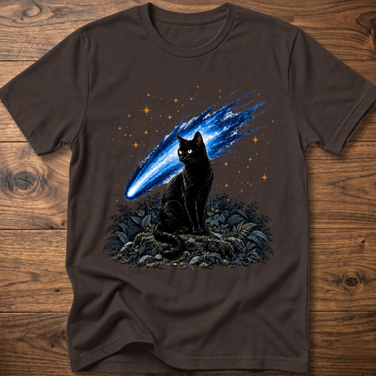 Dark brown cat t-shirt with glowing blue comet graphic and starry night scene on front