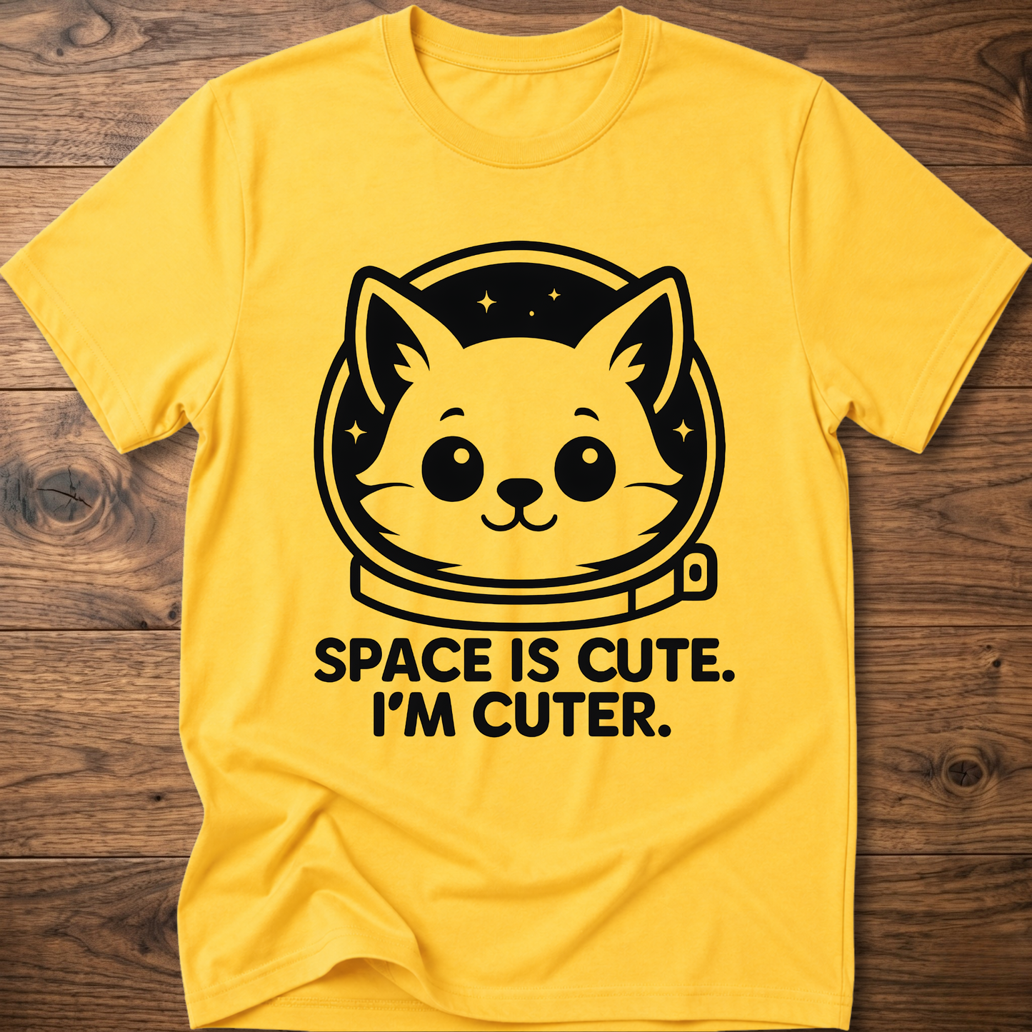 Yellow T-shirt with space cat face graphic and text "SPACE IS CUTE. I'M CUTER."