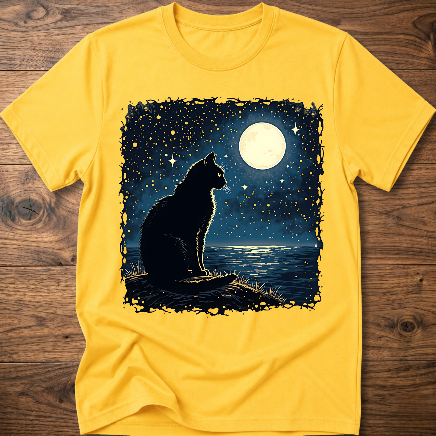 Yellow T-shirt with black cat under moonlit night sky graphic, short sleeves
