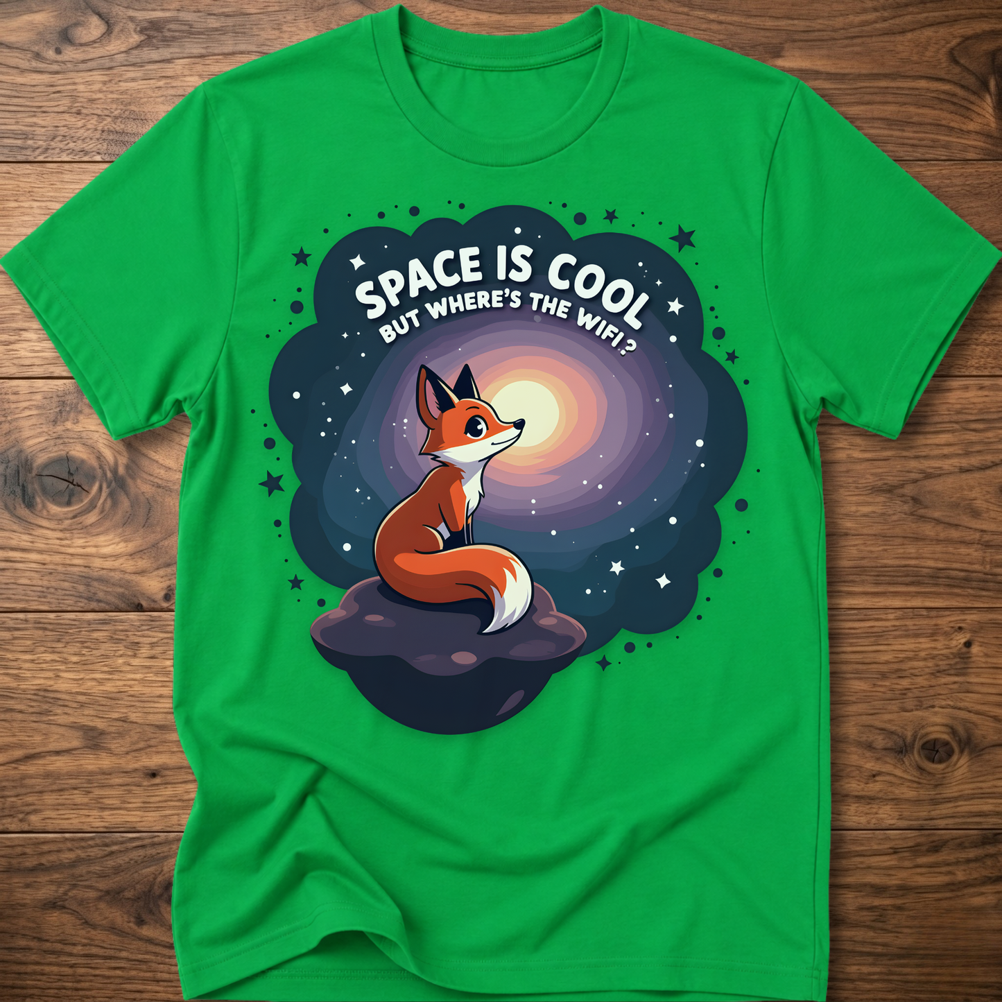 Green t-shirt with cartoon fox in space swirl graphic and “SPACE IS COOL” text