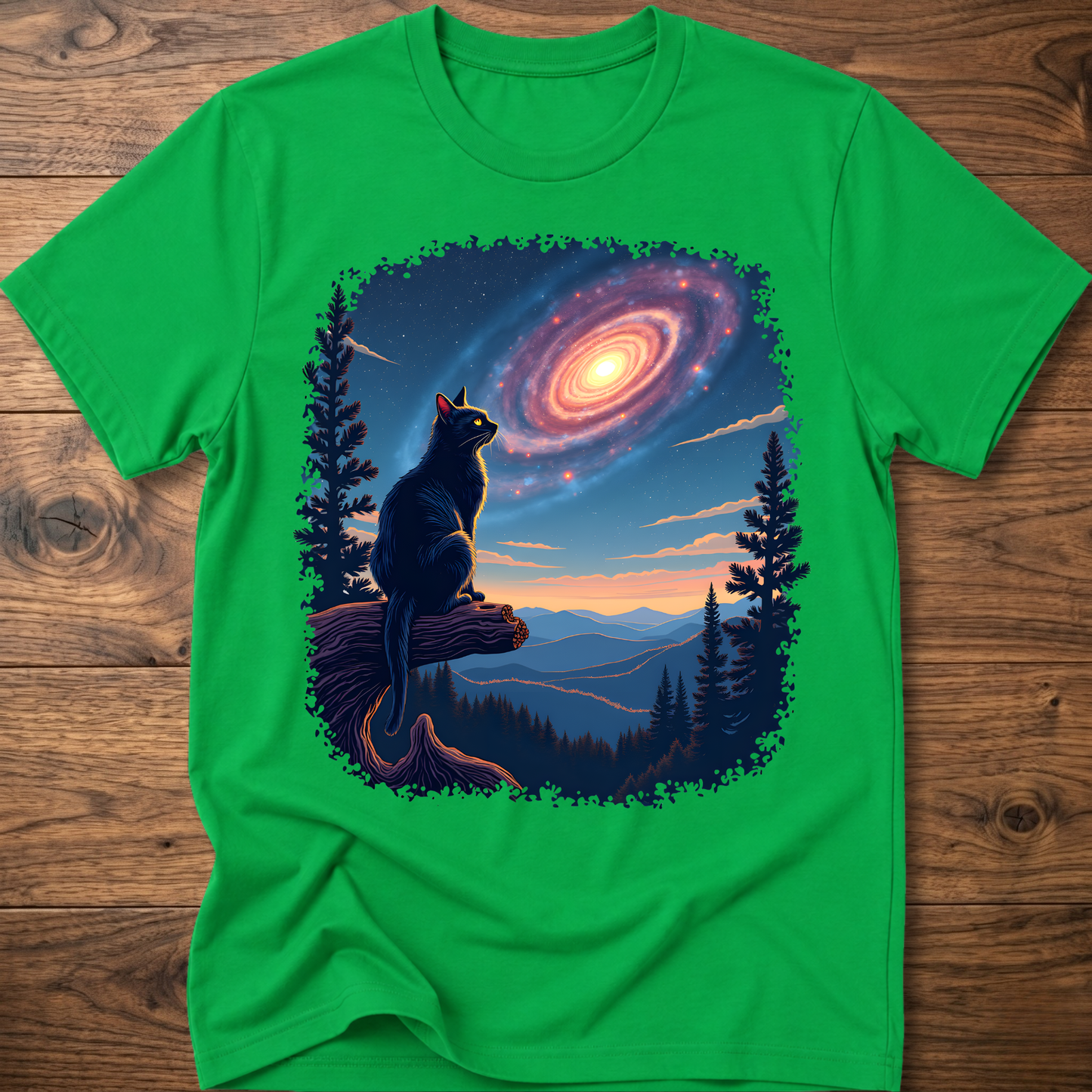 Green cat galaxy t-shirt with standing cat, spiral nebula, forest trees