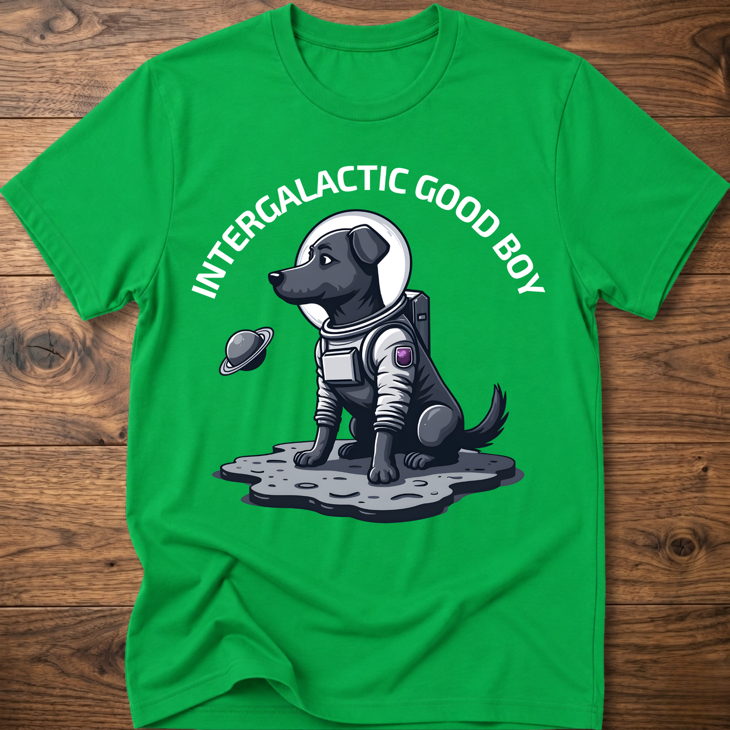 Green “Intergalactic Good Boy” dog graphic T-shirt with short sleeves
