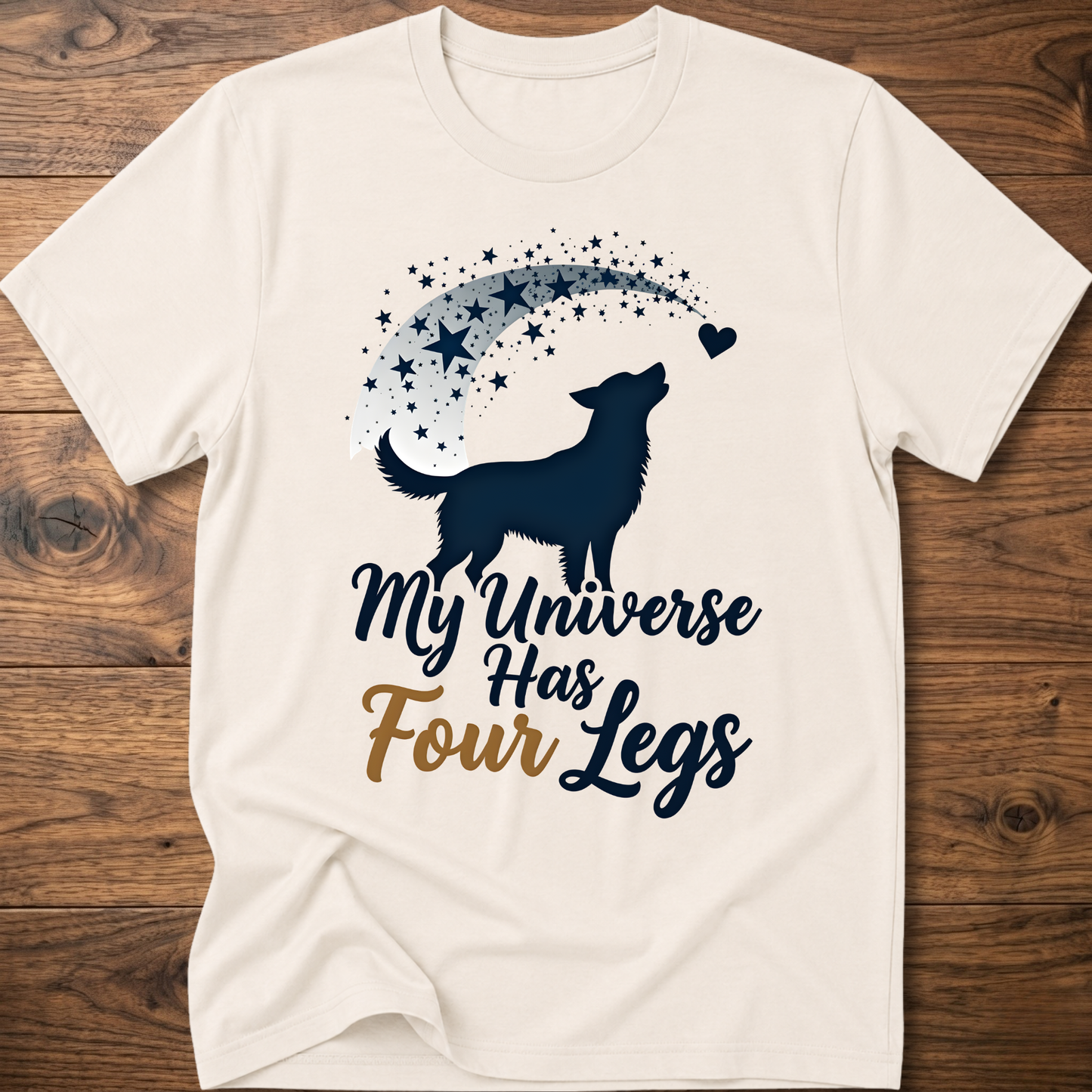 White dog graphic crew-neck T-shirt with 'My Universe Has Four Legs' text