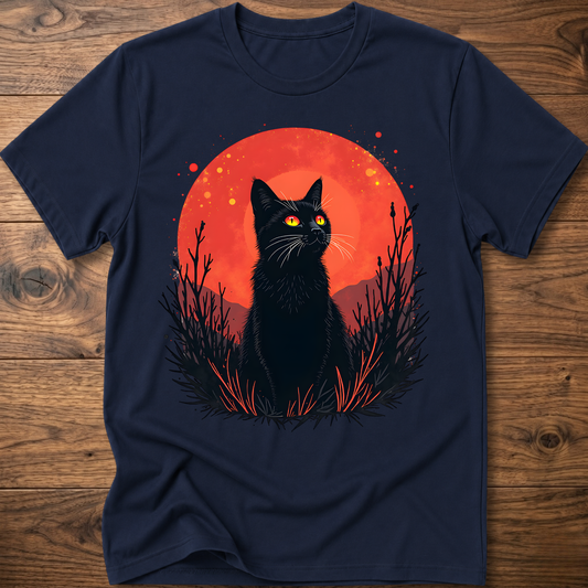 Navy T-shirt with black cat graphic in red-orange halo and night-plant silhouettes