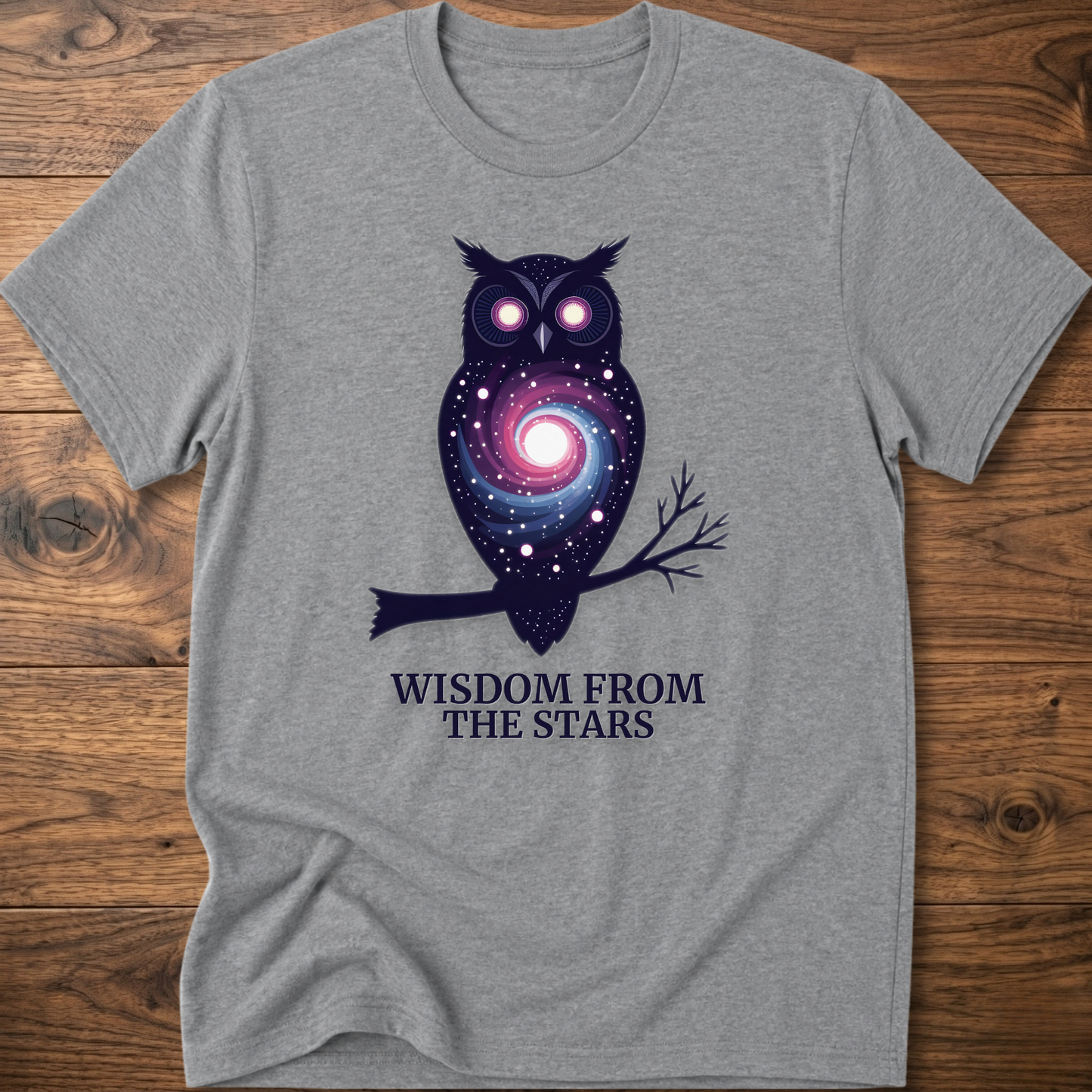 Gray t-shirt with owl nebula graphic and “Wisdom from the Stars” text
