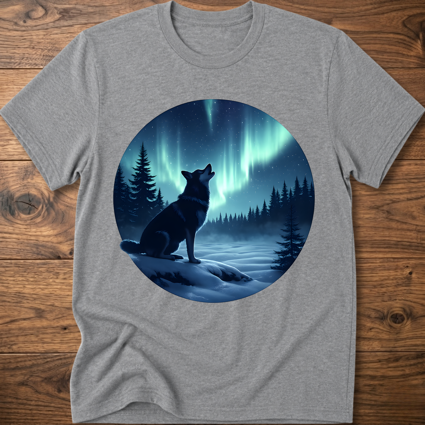 Sport grey dog graphic t-shirt with circular aurora scene and dog silhouette