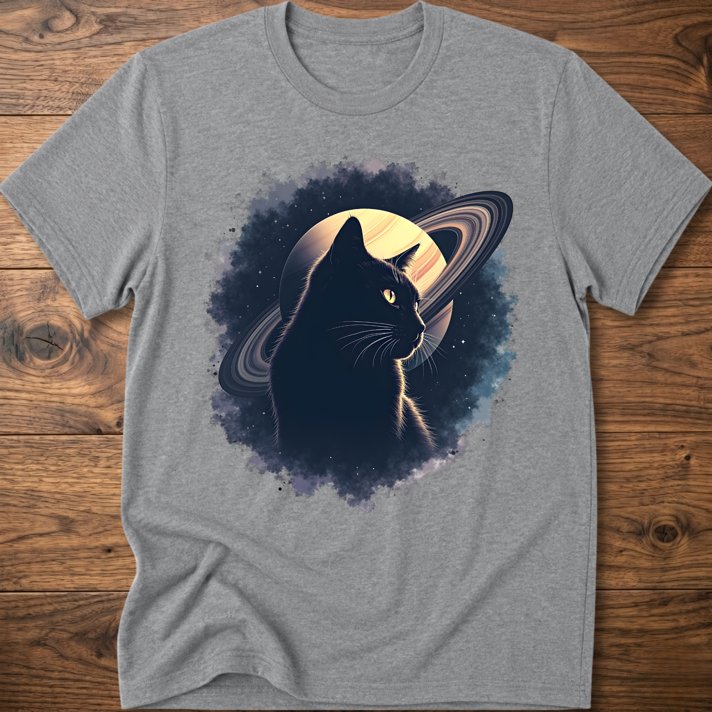 Heather gray cat graphic t-shirt with moon and swirl design, crew neck short sleeves