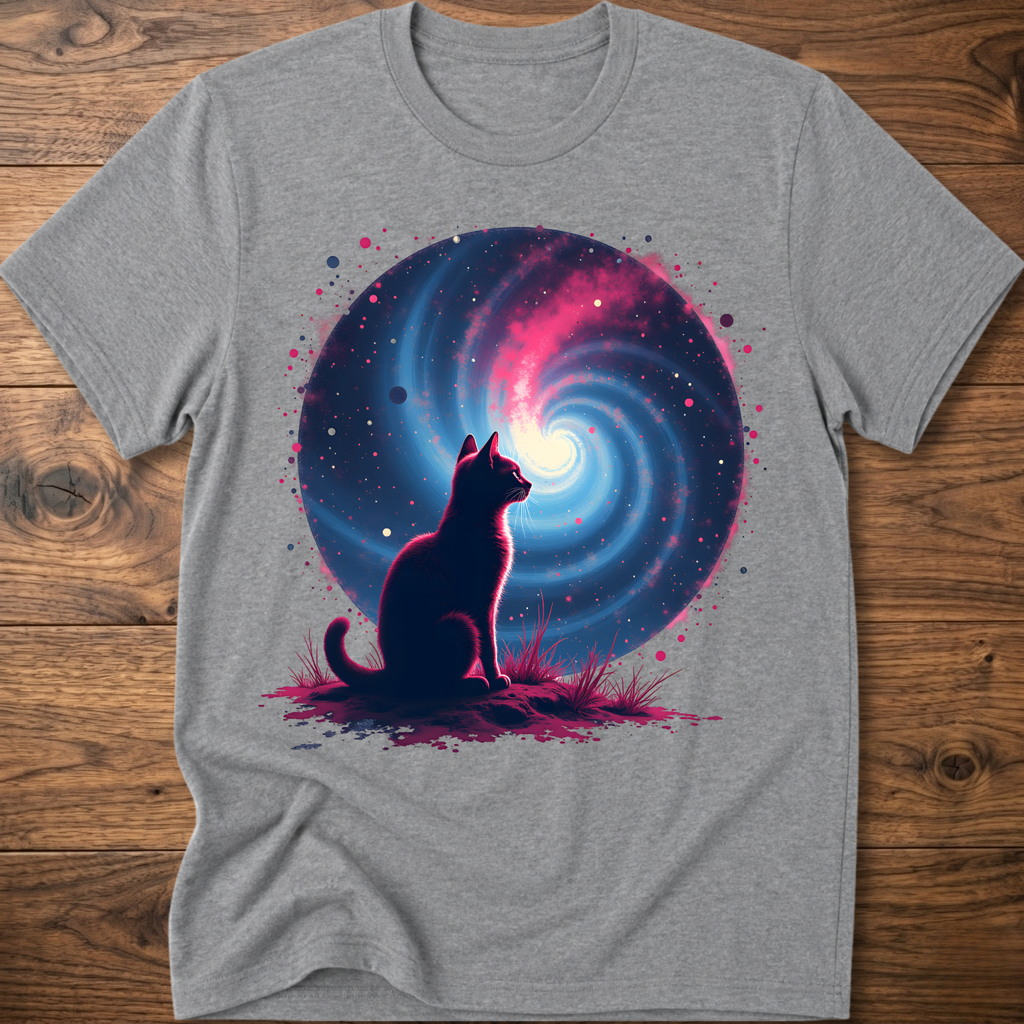 Sport gray cat galaxy graphic t-shirt with silhouetted cat, moon, and colorful space swirl