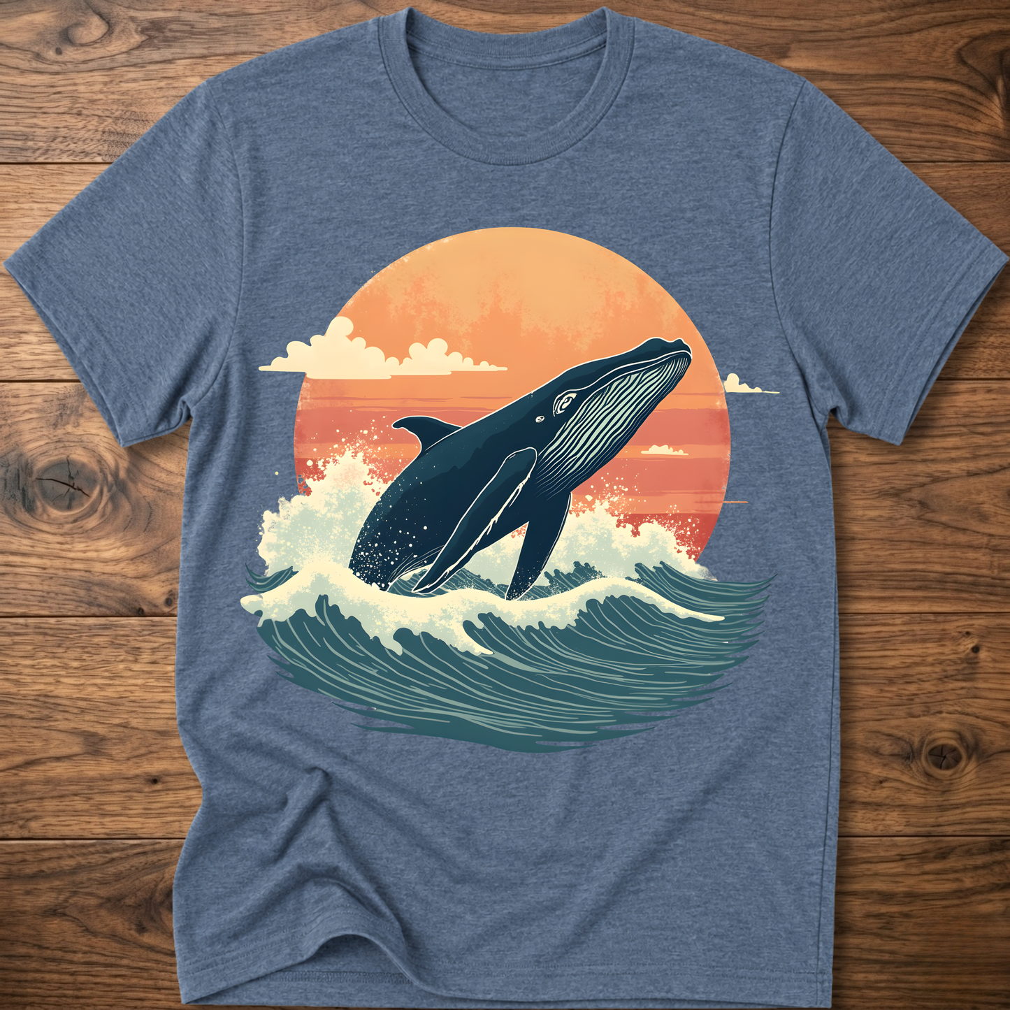 Heather indigo whale graphic t-shirt with ocean waves and sunset circle print