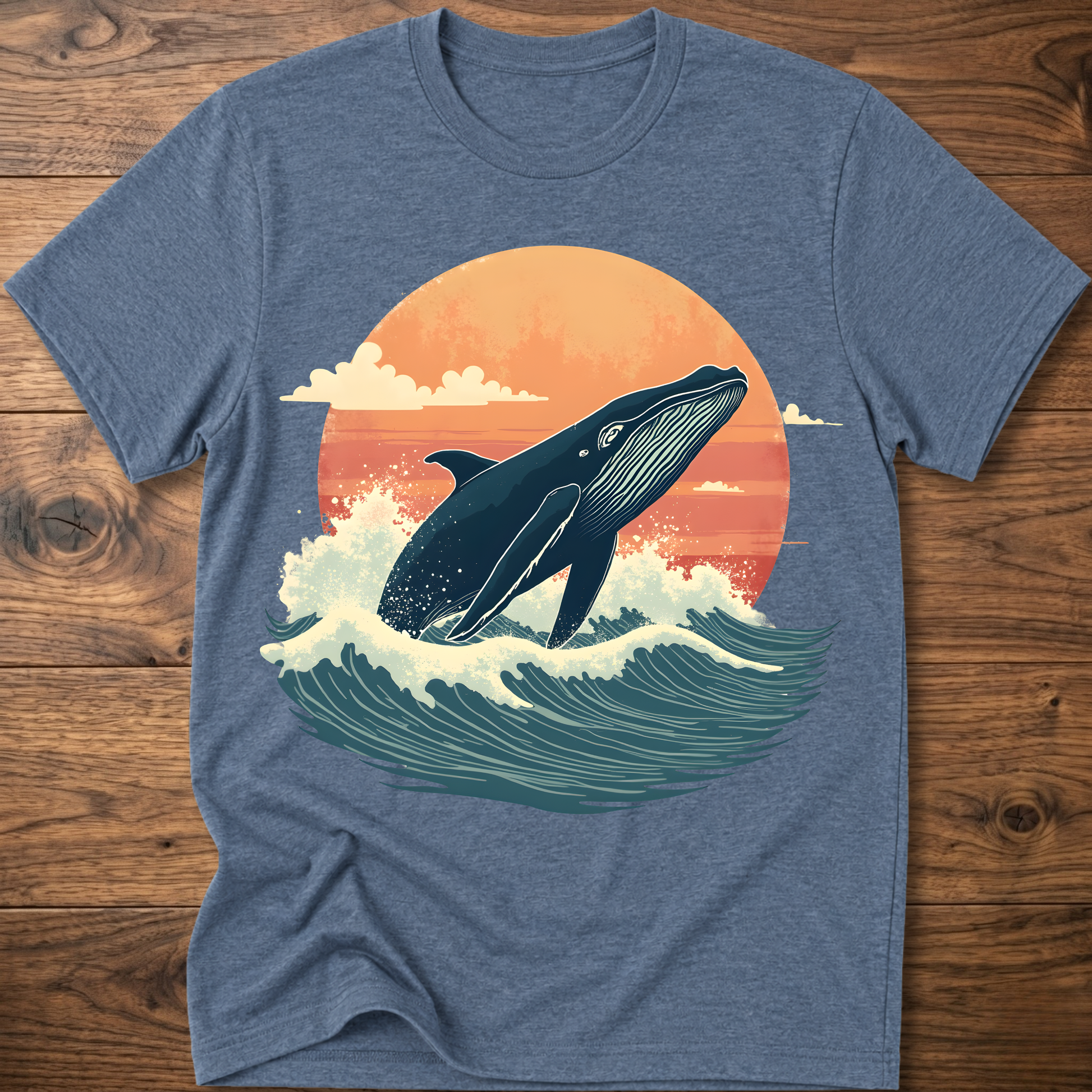 Heather indigo whale graphic t-shirt with ocean waves and sunset circle print