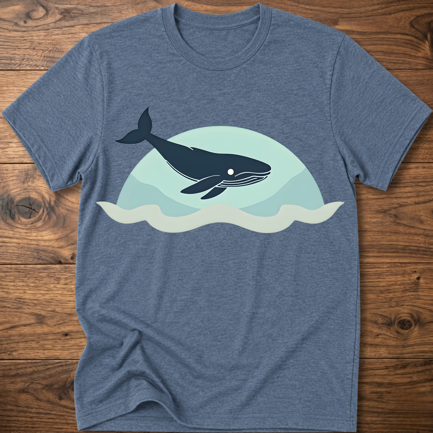 Heather blue crew-neck t-shirt with dark whale graphic over teal waves design