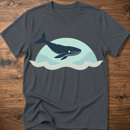 Charcoal crew-neck t-shirt with dark whale graphic over teal waves design