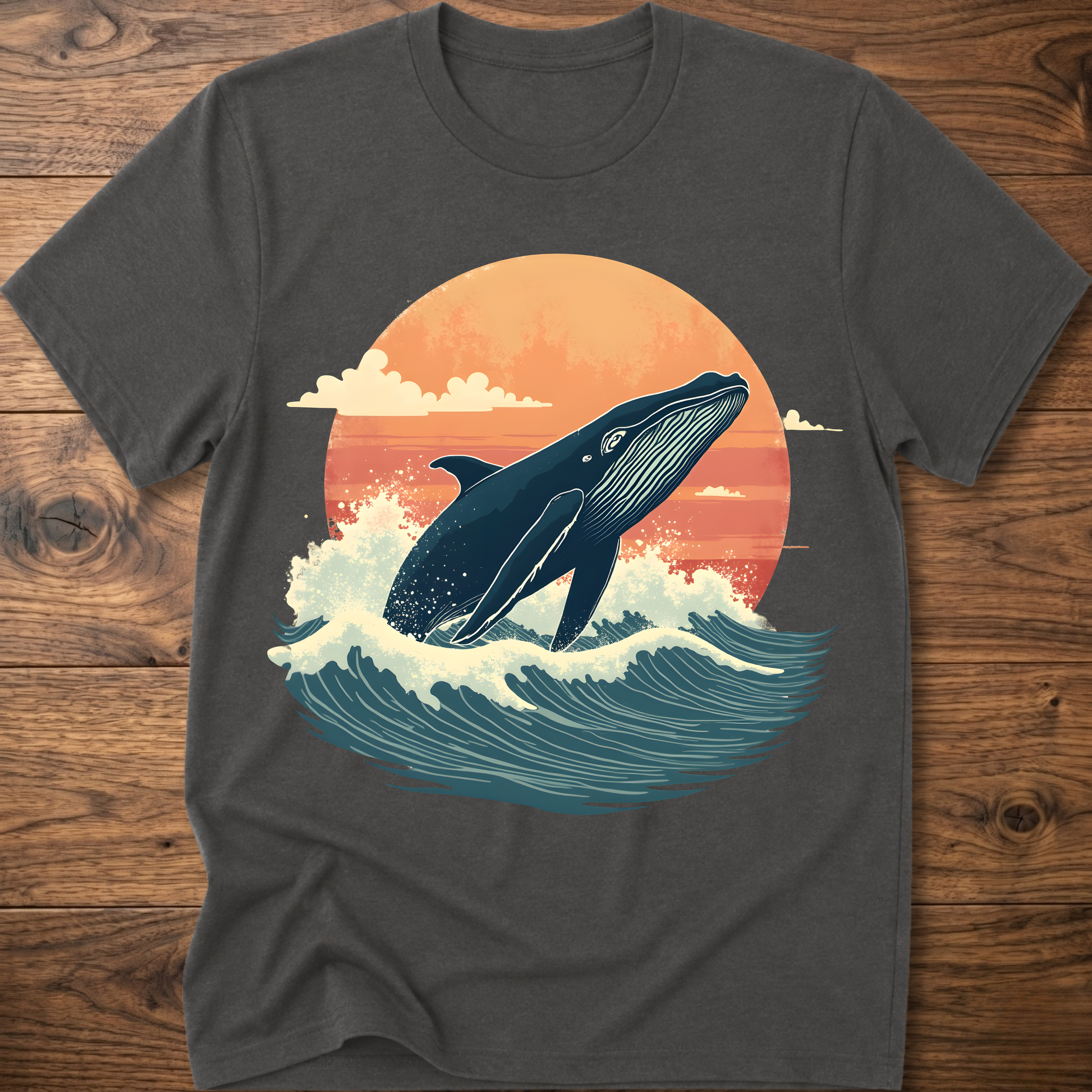 Charcoal whale graphic t-shirt with ocean waves and sunset circle print