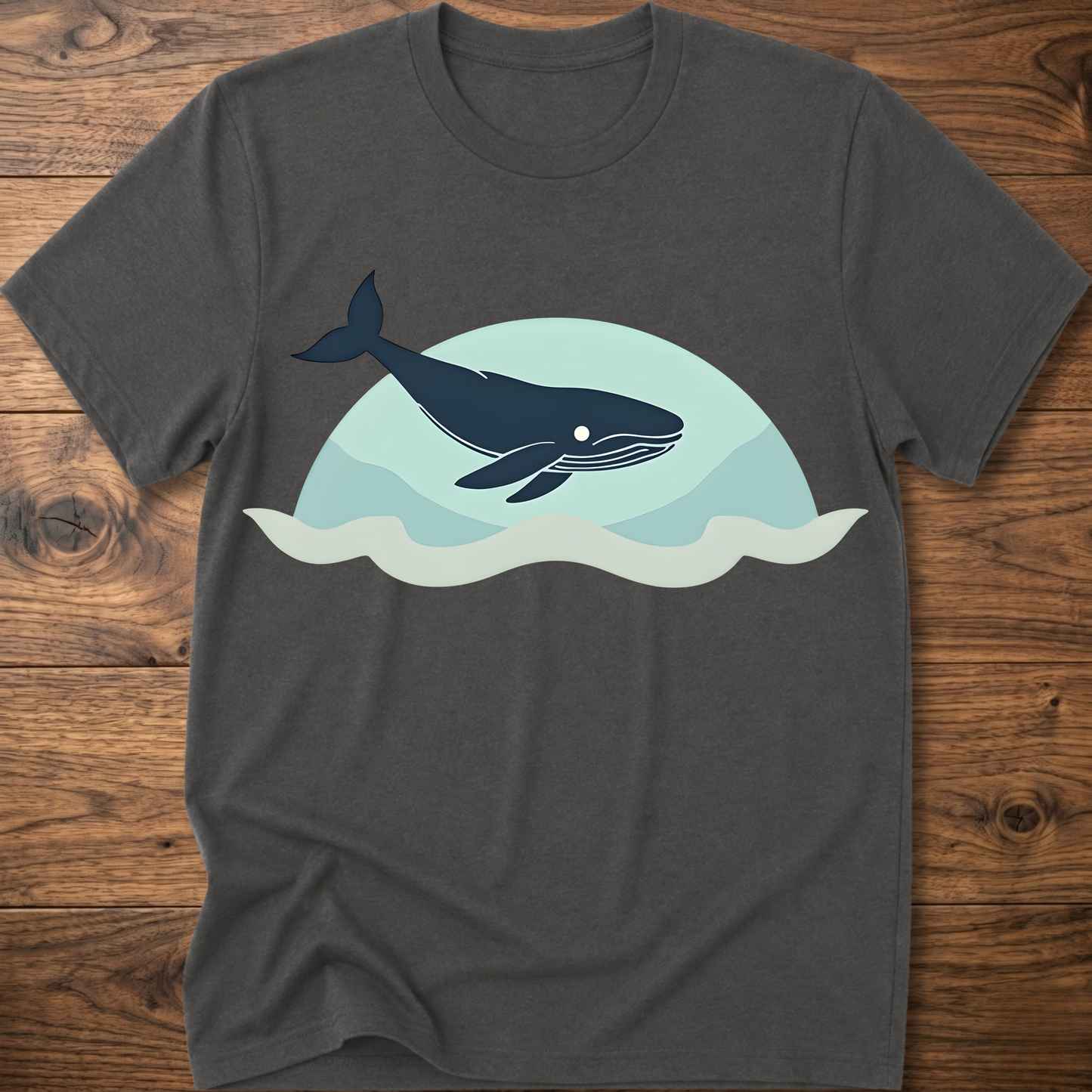 Dark gray crew-neck t-shirt with dark whale graphic over teal waves design