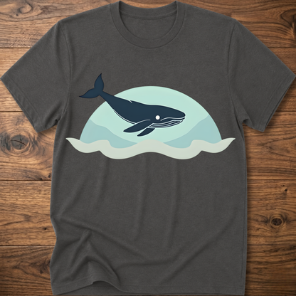Dark gray crew-neck t-shirt with dark whale graphic over teal waves design