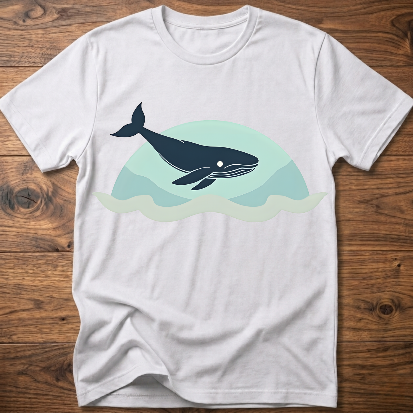 White crew-neck t-shirt with dark whale graphic over teal waves design