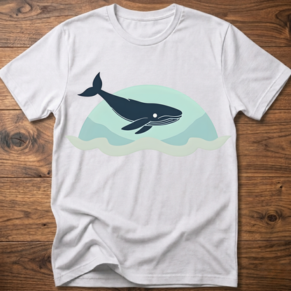 White crew-neck t-shirt with dark whale graphic over teal waves design