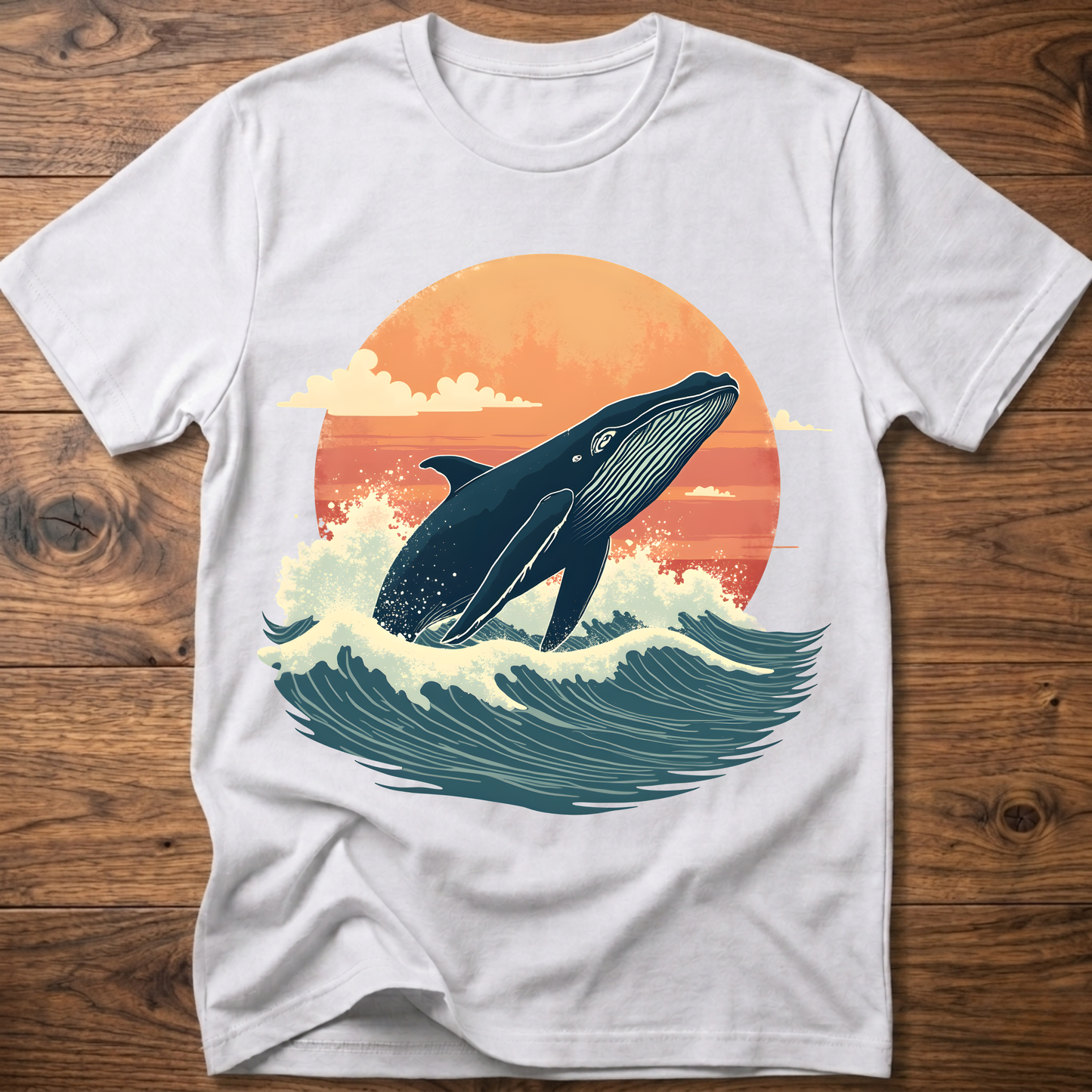 White whale graphic t-shirt with ocean waves and sunset circle print