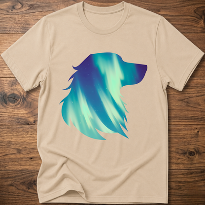 Sand dog t-shirt with teal geometric aurora graphic