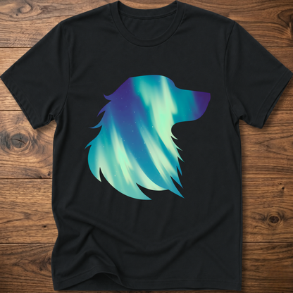 Black dog t-shirt with teal geometric aurora graphic