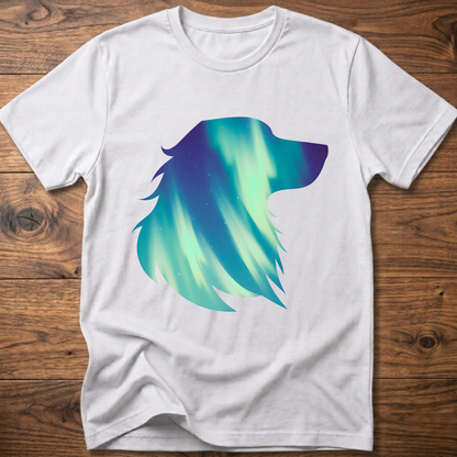 White dog t-shirt with teal geometric aurora graphic