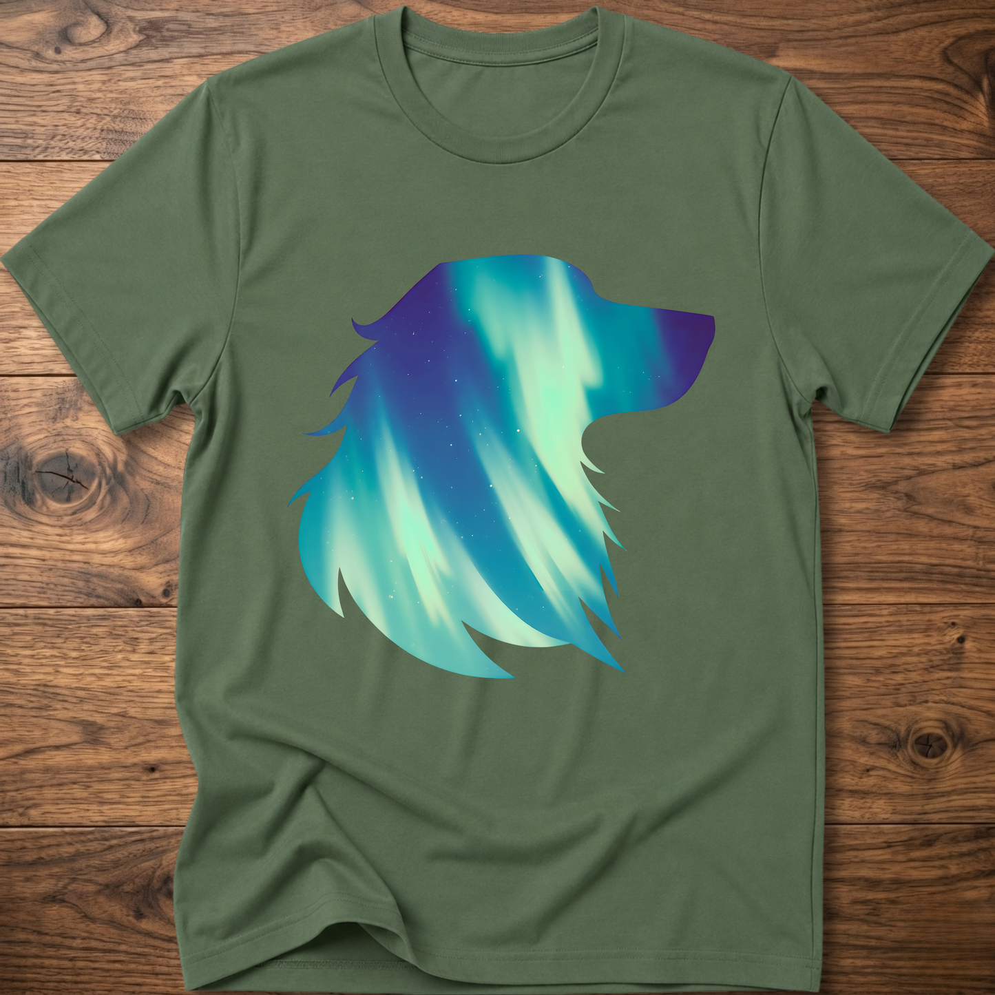 Military green dog t-shirt with teal geometric aurora graphic