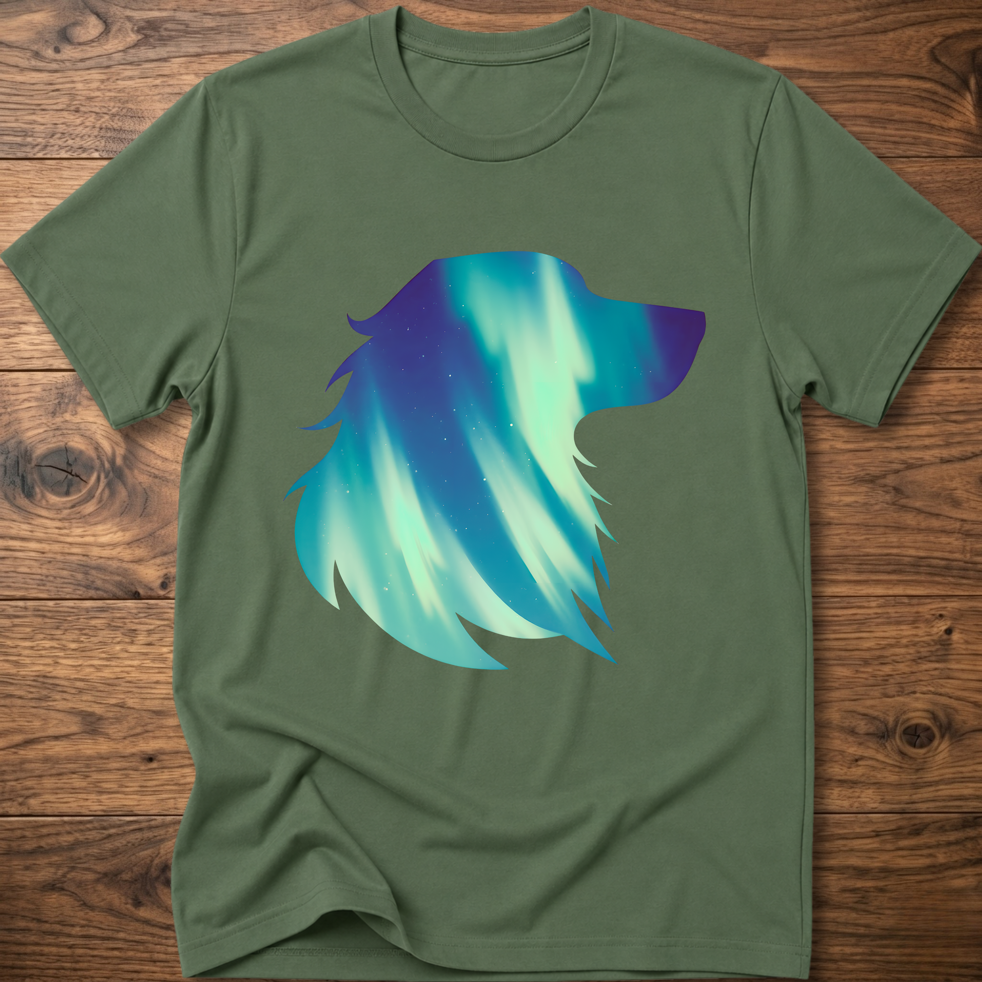 Military green dog t-shirt with teal geometric aurora graphic